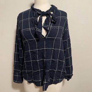 Banana Republic Blue Plaid Dillon Shirt Top With Tie Around Neck Button Down Top